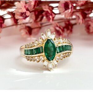 Green Emerald & CZ Wavy Vintage Sterling Silver Gold T Vermeil Ring - sz 10.25